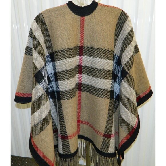 Brown Black Red Beige Plaid Fringe Poncho Shawl Wrap One Size Fits Most - Picture 4 of 11
